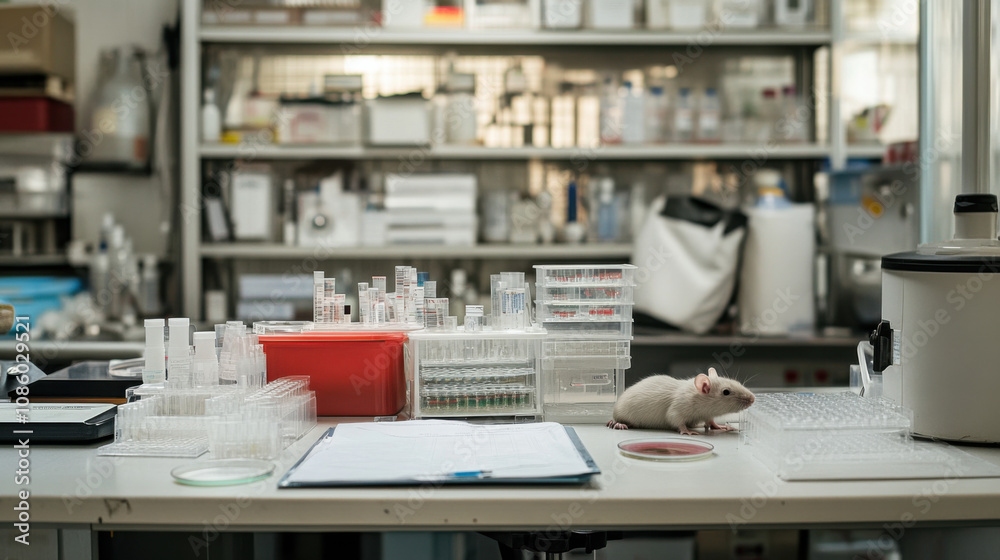 Clean and Well-Equipped Laboratory Bench with Organized Supplies and a Rat, Ideal for Scientific Research and Experiments in a Modern Research Environment Clean and Well-Equipped Laboratory Bench with Organized Supplies and a Rat, Ideal for Scientific Research and Experiments in a Modern Research Environment