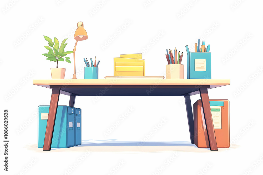 Modern Workspace with Wooden Desk, Office Supplies, Potted Plant, and Colorful Storage Boxes for Creative and Productive Environment Modern Workspace with Wooden Desk, Office Supplies, Potted Plant, and Colorful Storage Boxes for Creative and Productive Environment