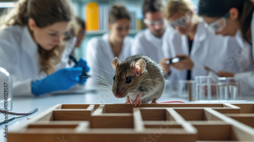 Laboratory Setup Featuring a Rat Navigating a Small Maze While Researchers Observe and Document Behavior in a Scientific Experiment