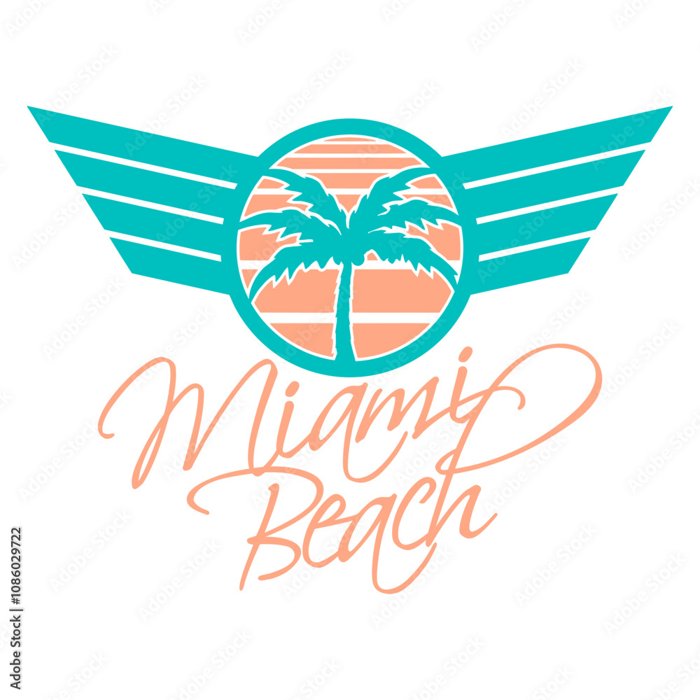 Naklejka premium Miami Beach Florida USA Palms Sun America Fun Text Design Lover Art Vector Illustration Card T-Shirt Poster Sticker Graphic Print Decorative Drawing Isolated Logo Decoration Symbol Creative Cool Style