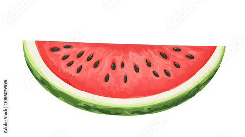 2D vector graphic of a ripe watermelon slice with visible seeds on a plain white background
