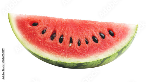 2D vector graphic of a ripe watermelon slice with visible seeds on a plain white background