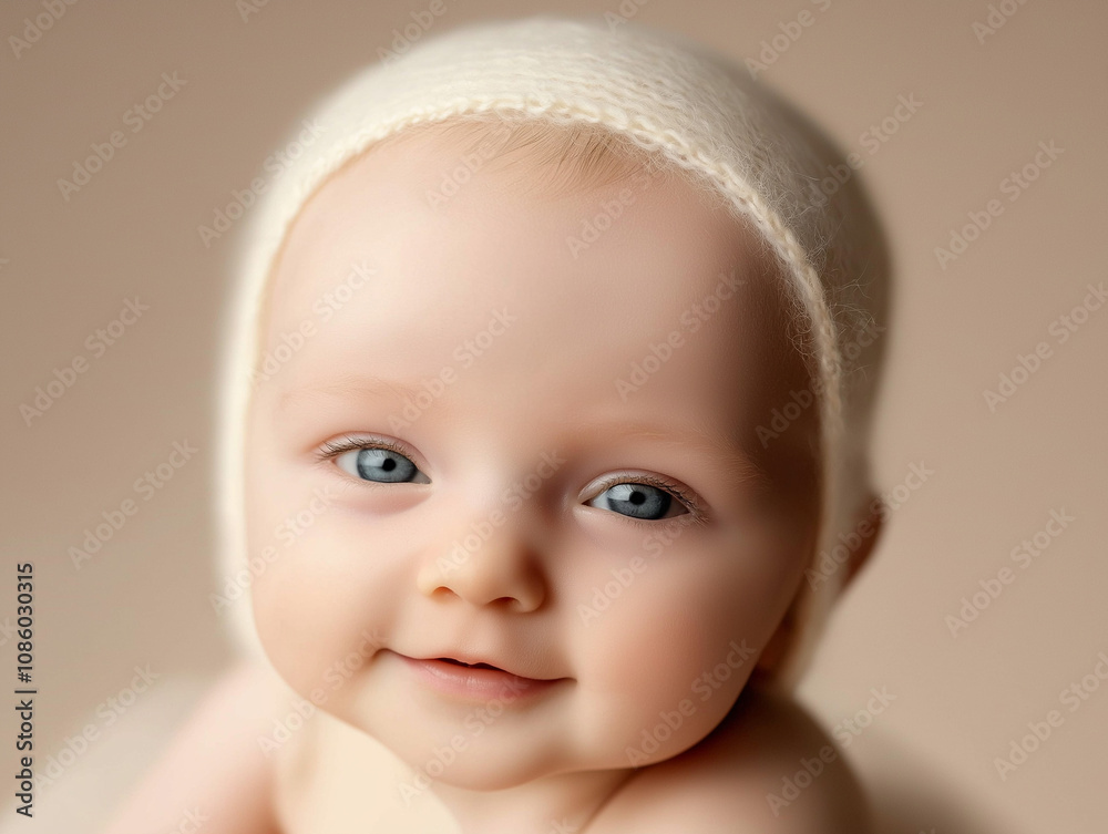 Adorable Baby with Blue Eyes with a Soft Smile in Cozy White Hat Adorable Baby with Blue Eyes with a Soft Smile in Cozy White Hat