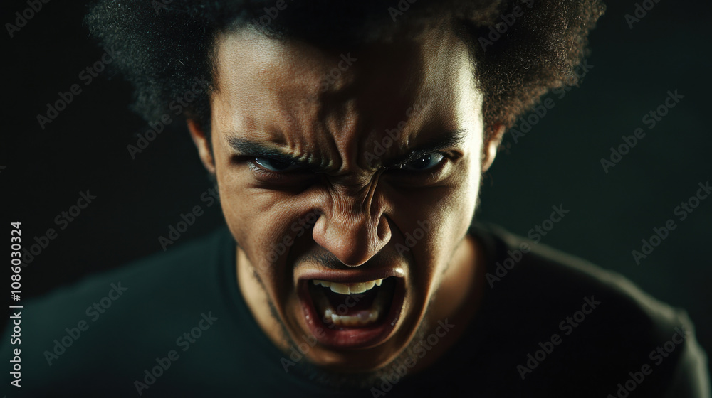 Intense Anger Expression of a Person with Furrowed Brows and a Fierce Gaze in a Dark Setting Captured with High Detail Intense Anger Expression of a Person with Furrowed Brows and a Fierce Gaze in a Dark Setting Captured with High Detail