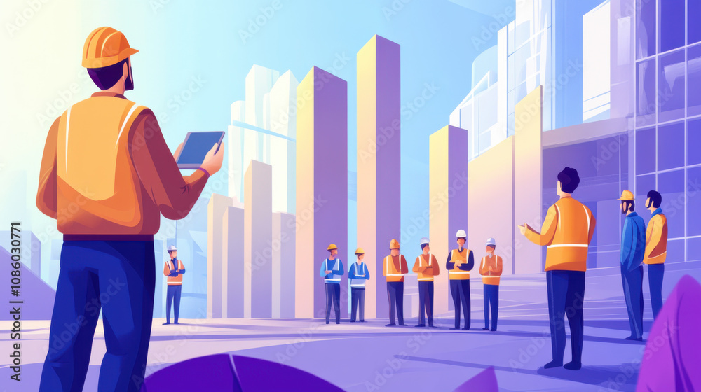 Project Manager Giving Instructions to Construction Team in Modern Urban Setting with High-Rise Buildings and Bright Sky Project Manager Giving Instructions to Construction Team in Modern Urban Setting with High-Rise Buildings and Bright Sky
