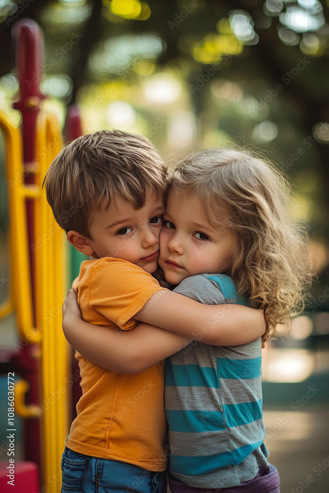 Fototapeta premium Two children hugging each other with tender expressions on a playground