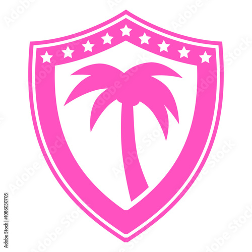 Shield Palm Tree Island Stars Beach Emblem Coat Design Lover Art Vector Illustration Card T-Shirt Poster Sticker Graphic Print Decorative Drawing Isolated Logo Decoration Symbol Creative Cool Style
