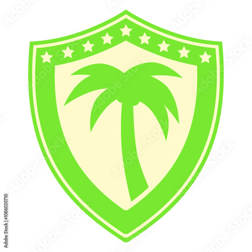 Shield Palm Tree Island Stars Beach Emblem Coat Design Lover Art Vector Illustration Card T-Shirt Poster Sticker Graphic Print Decorative Drawing Isolated Logo Decoration Symbol Creative Cool Style
