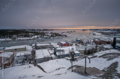 Aerial view of Great Slave Lake as seen from the Bush Pilots’ Monument in Yellowknife, Northwest Territories, Canada
