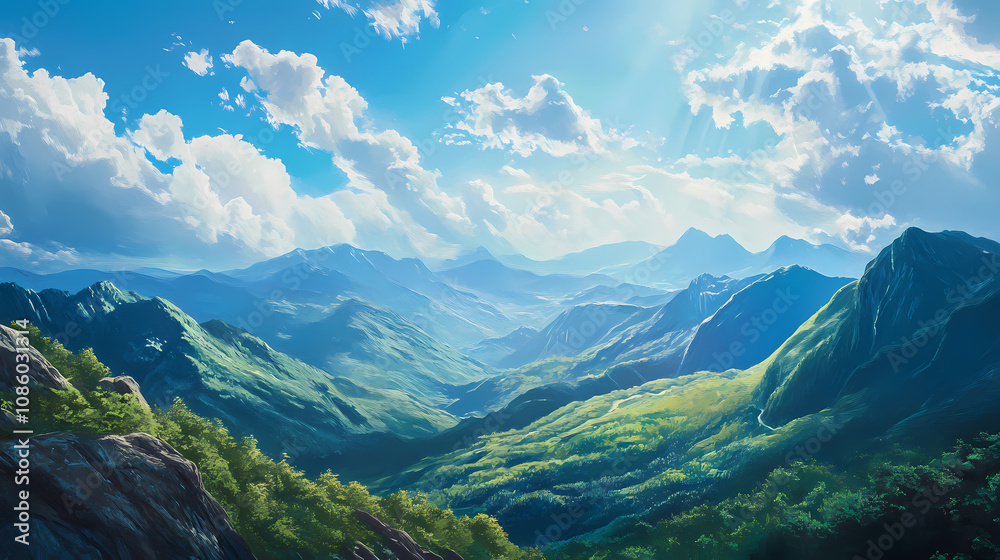 Obraz premium Mountain landscape with blue skies and green mountains. Reverie. Illustration