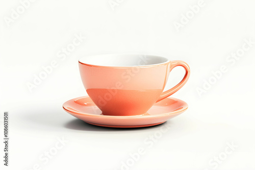 Elegant Coral Tea Cup with Saucer Set on Simple White Background, Perfect for Cozy Mornings, Afternoon Tea, and Stylish Dining Experiences