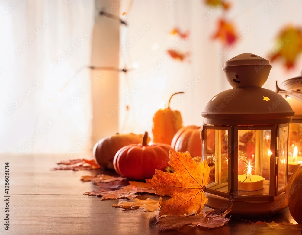 Autumn Leaves and Lanterns Arranged for Thanksgiving Evening Indoors
