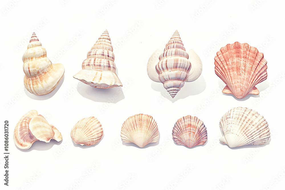A Variety of Colorful Seashells Displayed on a Clean White Surface, Featuring Different Shapes, Sizes, and Textures Perfect for Coastal Decor and Crafts A Variety of Colorful Seashells Displayed on a Clean White Surface, Featuring Different Shapes, Sizes, and Textures Perfect for Coastal Decor and Crafts