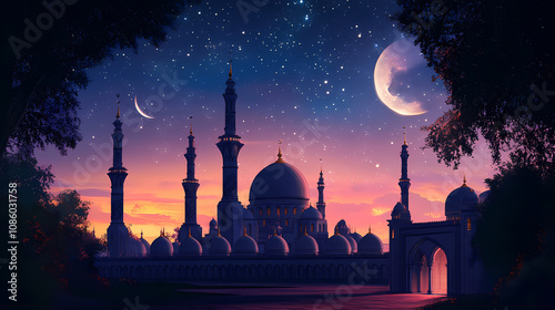 Nighttime reverie : mosque wallpaper. the mosque emerges from the darkness, its minarets reaching for the stars. the moon hangs low, casting a gentle glow. Reverie. Illustration