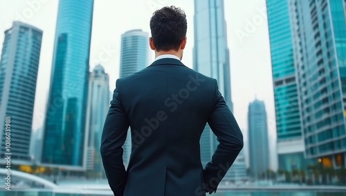 Businessman Standing in Front of Modern Glass Building, Back View, Looking Up with Confidence