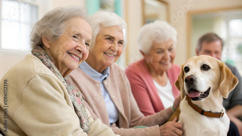 Eine Gruppe aus Seniorinnen glücklich lächelnd einem Hund zugetan. Herzlich warme freudvolle Atmosphäre photo