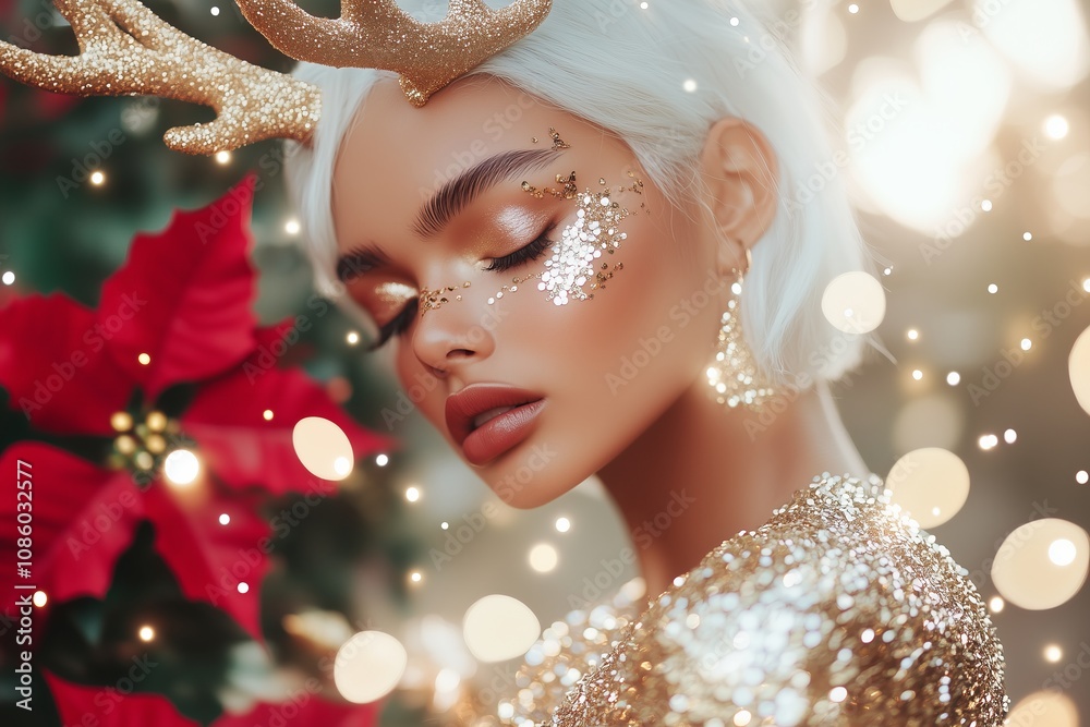 surreal Christmas scene, model with very white hair, gold sequin dress, gold reindeer antlers, poinsettia flowers surreal Christmas scene, model with very white hair, gold sequin dress, gold reindeer antlers, poinsettia flowers