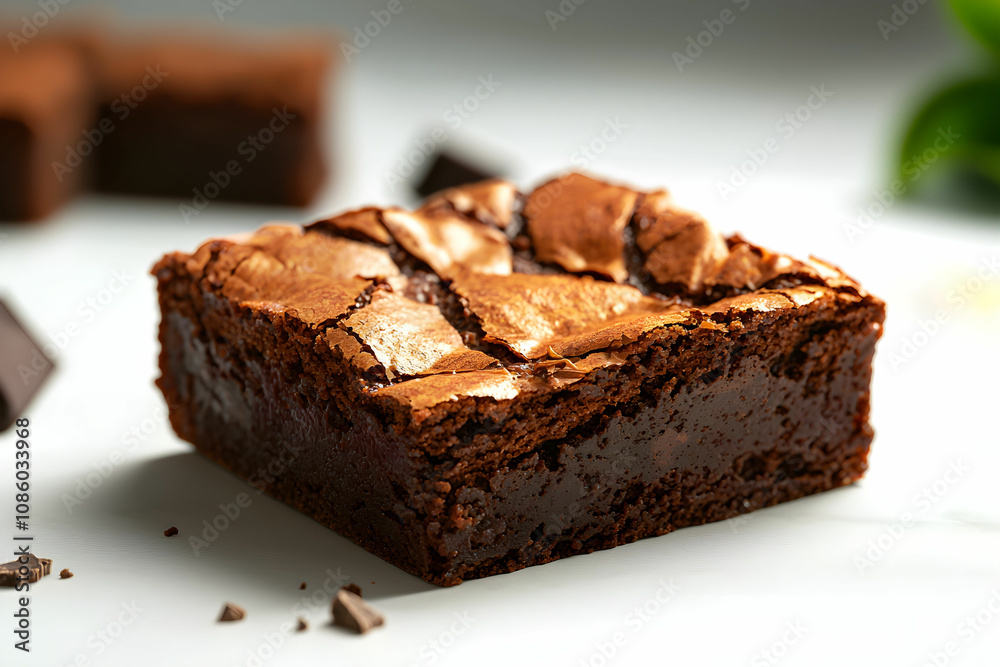 Moist and Decadent Chocolate Brownie with Fudge Center Displayed on a Sleek White Surface with Dark Chocolate Chunks and Green Plant Accents Moist and Decadent Chocolate Brownie with Fudge Center Displayed on a Sleek White Surface with Dark Chocolate Chunks and Green Plant Accents