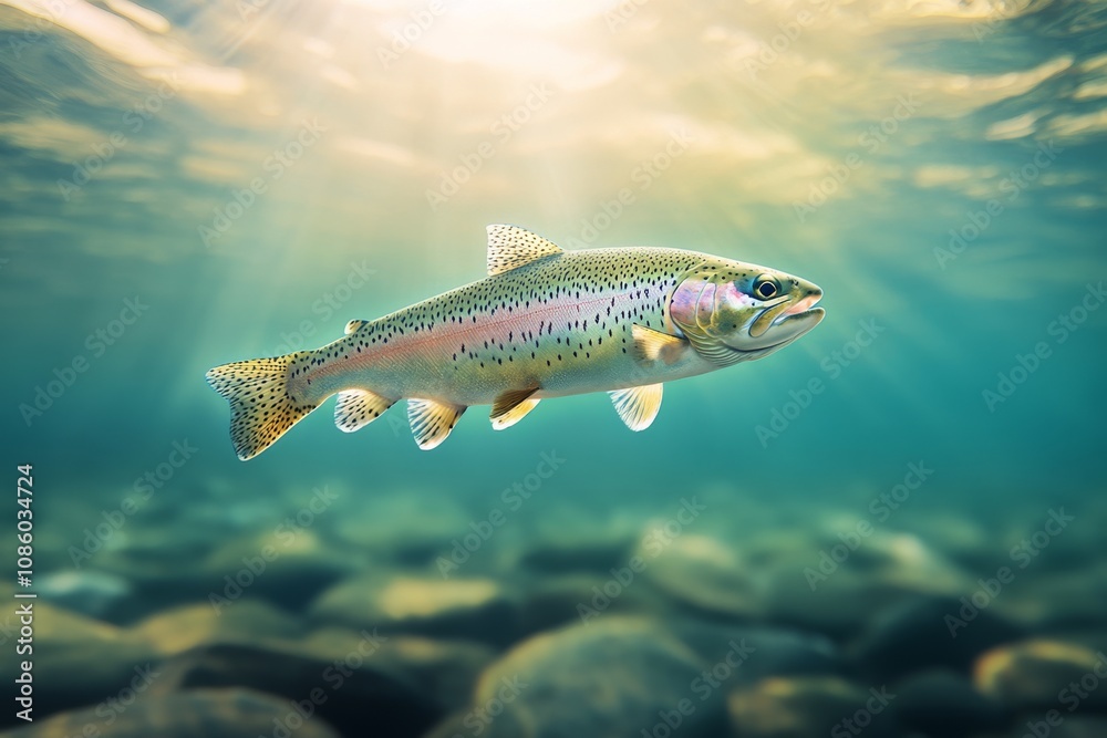 Fototapeta premium Rainbow trout swimming in a clear river during the day with sunlight filtering through water