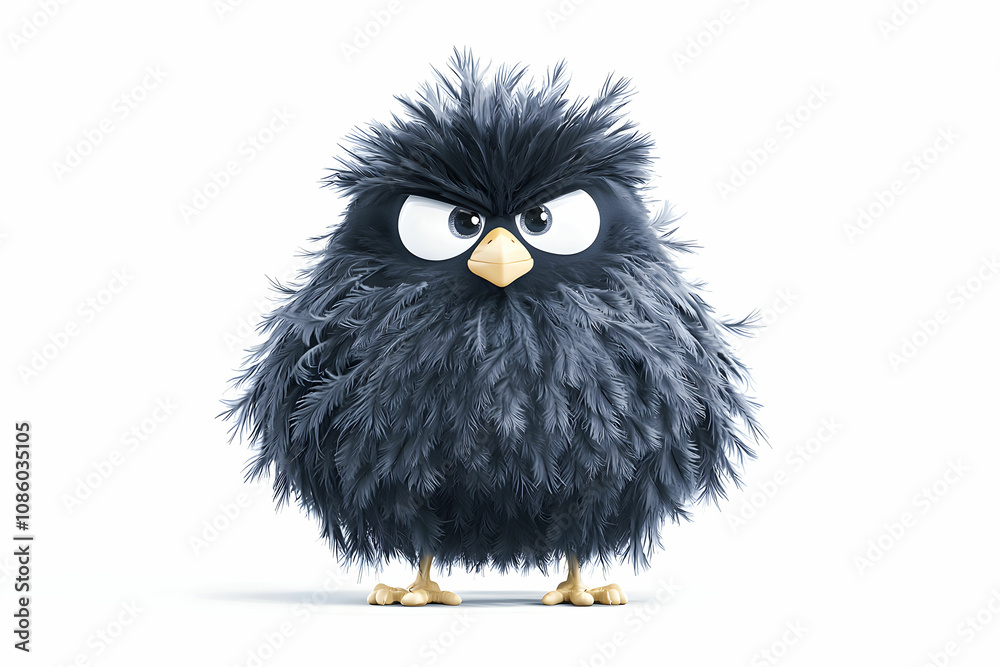 Fototapeta premium Cartoon owl with fluffy black feathers and expressive eyes, showcasing a playful and charming personality against a minimalist white background