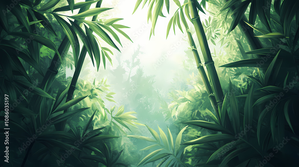 Dense foliage of green tropical plants with tall bamboo stalks in the background, creating a lush, serene forest atmosphere. Reverie. Illustration Dense foliage of green tropical plants with tall bamboo stalks in the background, creating a lush, serene forest atmosphere. Reverie. Illustration