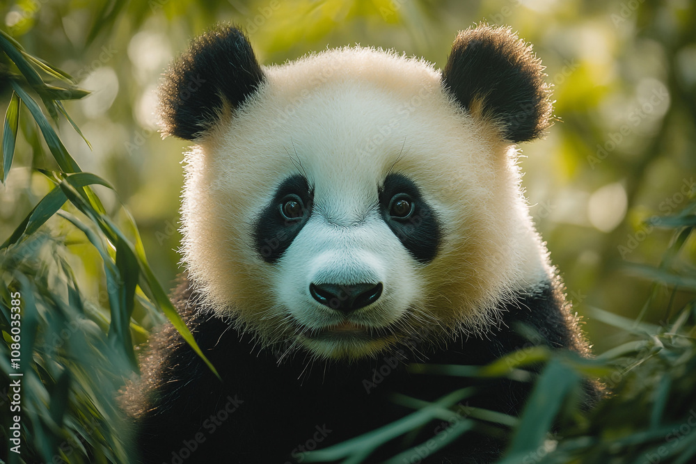 Fototapeta premium Adorable Young Panda Amidst Lush Green Bamboo