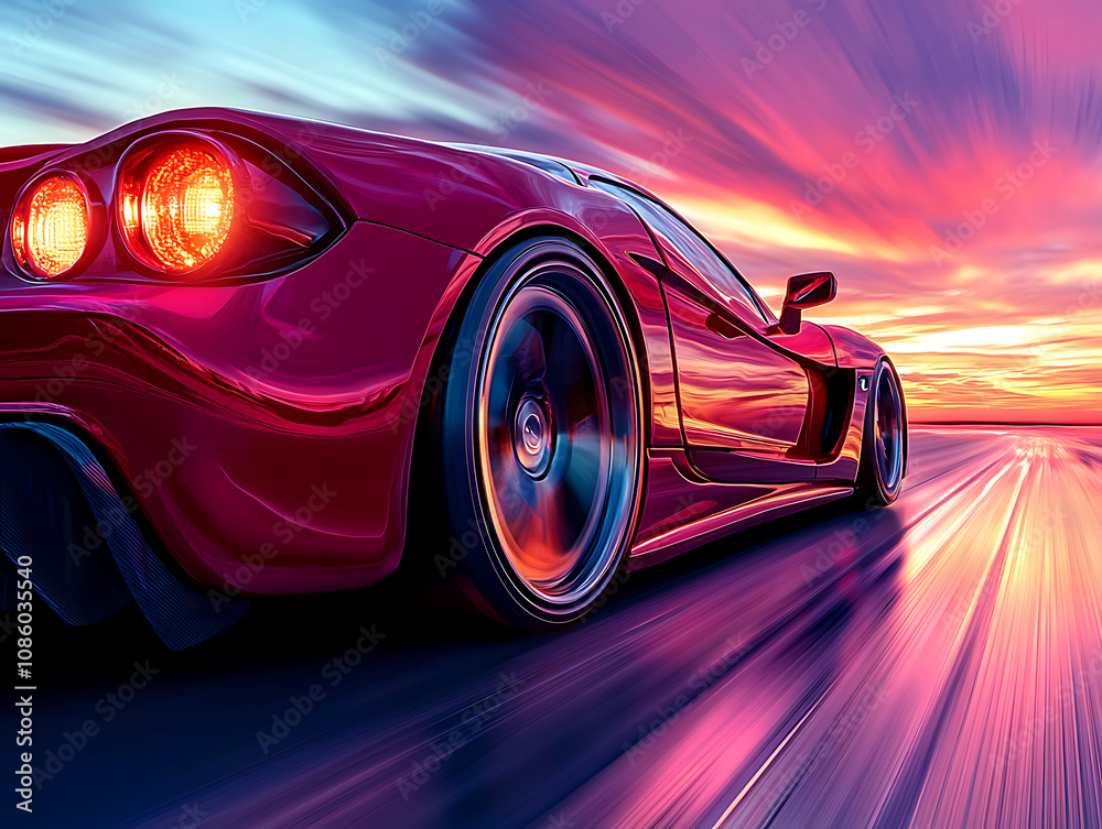 vibrant sports car speeding down endless highway at sunset, showcasing dynamic motion and stunning colors. scene evokes excitement and freedom vibrant sports car speeding down endless highway at sunset, showcasing dynamic motion and stunning colors. scene evokes excitement and freedom