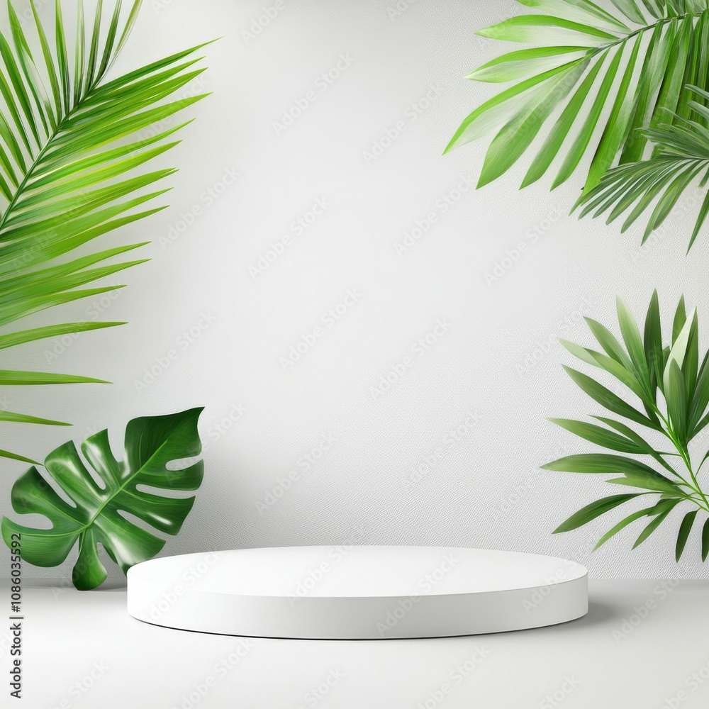 Green tropical leaves surrounding a white circular pedestal on a bright background Green tropical leaves surrounding a white circular pedestal on a bright background