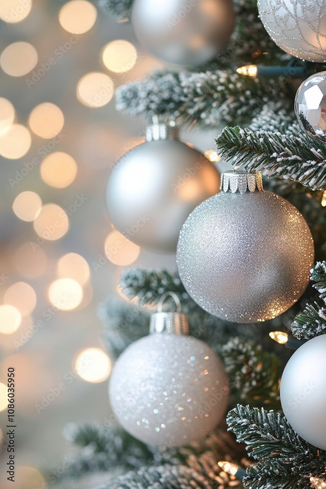 Close up of silver and white ornaments hanging on a Christmas tree surrounded by warm lights Close up of silver and white ornaments hanging on a Christmas tree surrounded by warm lights