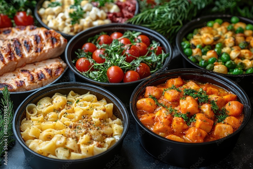 Chef preparing take away food boxes with healthy dishes for delivery Chef preparing take away food boxes with healthy dishes for delivery