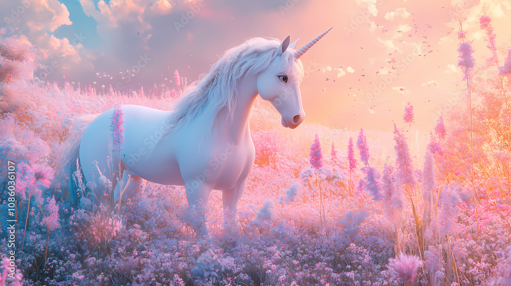 Ethereal unicorn dreamscape: meadow fantasies. Reverie. Illustration Ethereal unicorn dreamscape: meadow fantasies. Reverie. Illustration