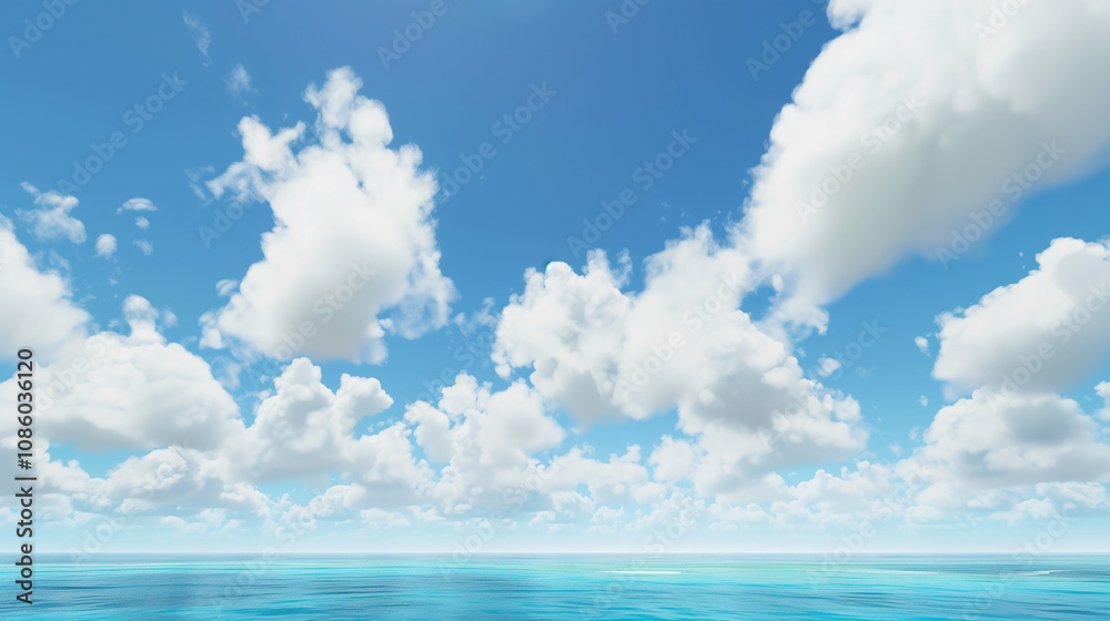 Tranquil blue sky with fluffy white clouds over the calm ocean. Tranquil blue sky with fluffy white clouds over the calm ocean.