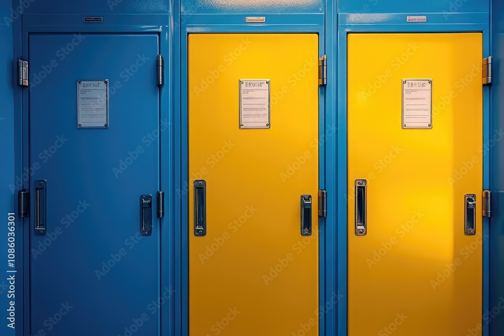 Row of blue and yellow lockers in a changing room Row of blue and yellow lockers in a changing room