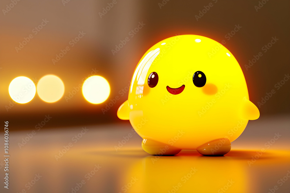 Adorable yellow glow lamp character with a cheerful smile and round shape, perfect for children's room decor or playful interior design inspiration, emitting warm light Adorable yellow glow lamp character with a cheerful smile and round shape, perfect for children's room decor or playful interior design inspiration, emitting warm light