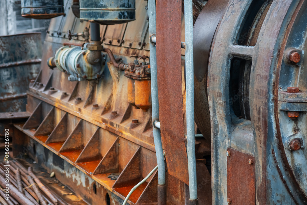 Close up view of old rusty power generation engine. Close up view of old rusty power generation engine.