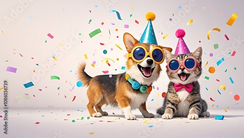 Happy dog and cat in party hats and sunglasses, confetti background.