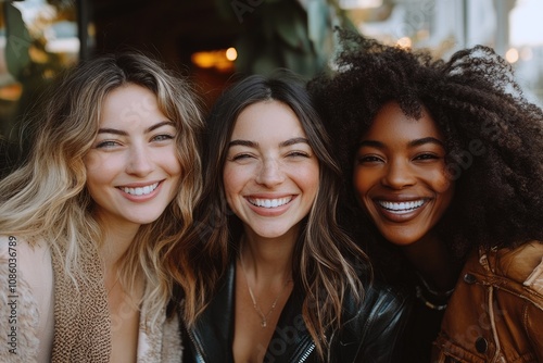 Three happy smiling young women posing together outdoors