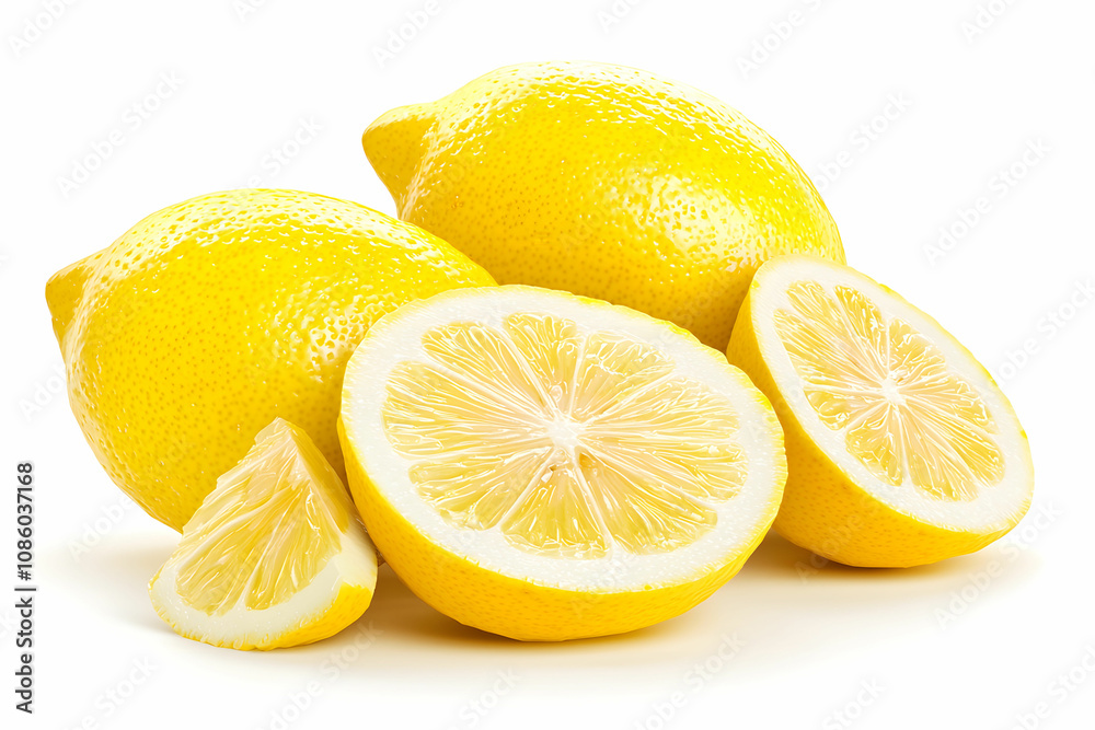 Fresh and Juicy Yellow Lemons with Cut Half and Slice on White Background, Perfect for Culinary Uses, Health Benefits, and Citric Flavor Enhancements in Recipes