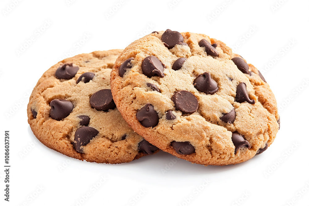 photo of three chocolate chip cookies isolated on white, multilayered photo of three chocolate chip cookies isolated on white, multilayered