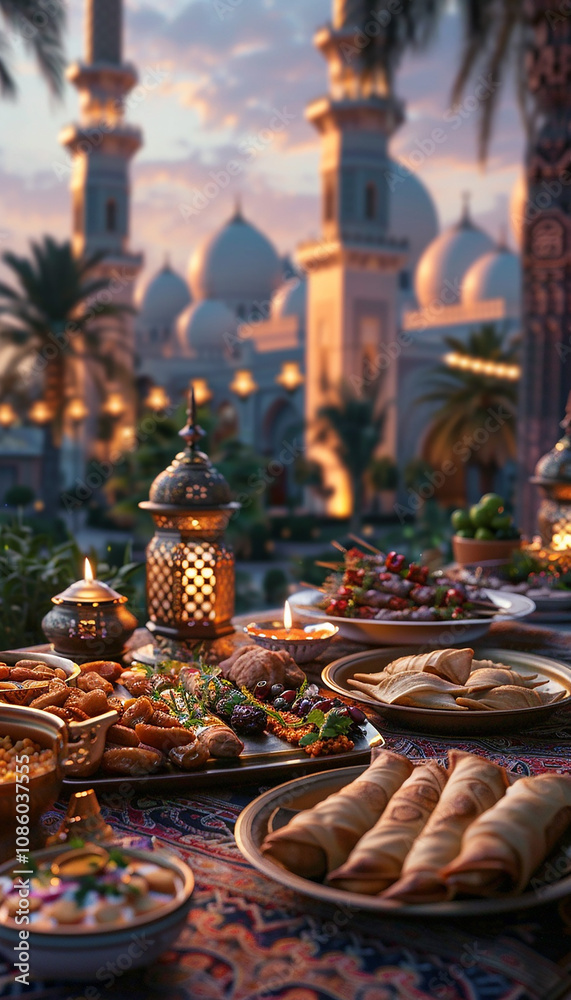Fototapeta premium Photorealistic image of a traditional Iftar spread laid out in an open courtyard