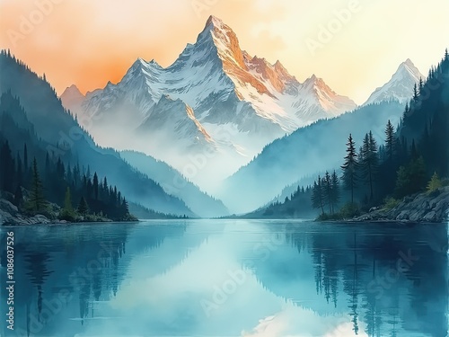 a Watercolor painting of the mountains, in the background generative ai