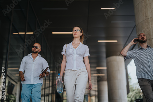 Business professionals walking through an urban downtown area on their way to an outdoor meeting.