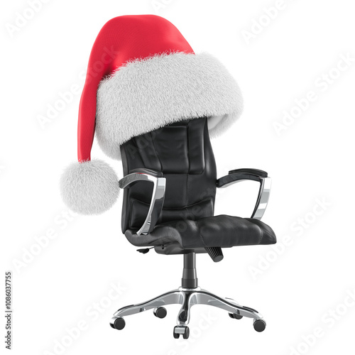 Office chair with Santa Claus red Christmas hat, 3D rendering isolated on transparent background