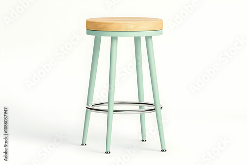 Stylish Minimalist Wooden Bar Stool with Mint Green Metal Frame and Natural Wood Seat, Perfect for Modern Interior Designs and Home Decor Projects