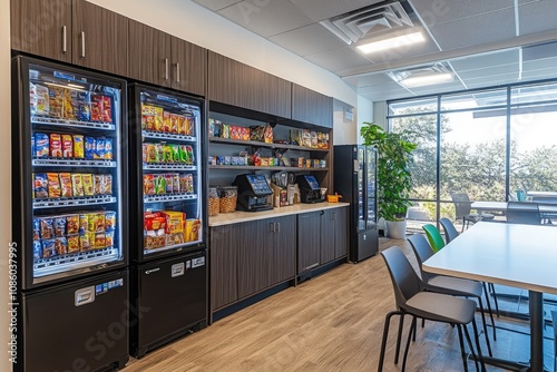 Modern office break room offering vending machines and snacks