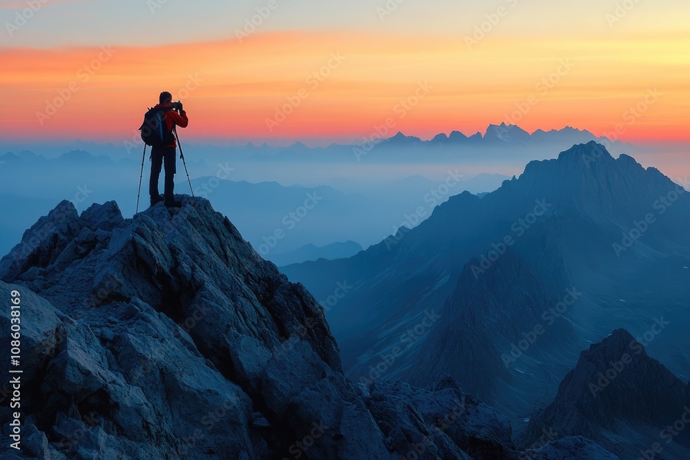 Fototapeta premium Photographer capturing breathtaking mountain sunrise on top of rocky peak