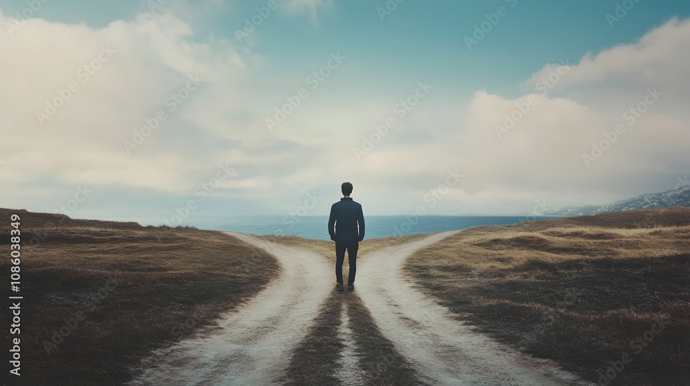 A person standing at a crossroads and choosing a path without hesitation symbolizing decisiveness in making life choices A person standing at a crossroads and choosing a path without hesitation symbolizing decisiveness in making life choices