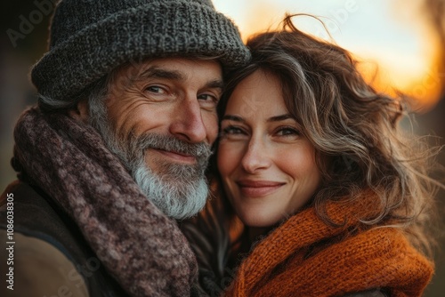 Happy couple smiling and enjoying a golden sunset outdoors