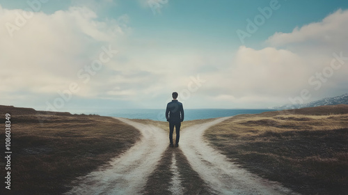 A person standing at a crossroads and choosing a path without hesitation symbolizing decisiveness in making life choices