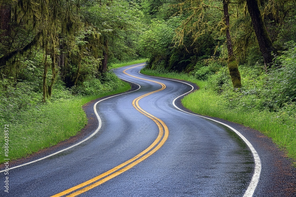 Fototapeta premium Winding road through lush green forest after rain